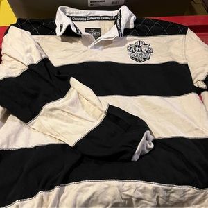 Guinness Rugby Shirt with Brewed in Dublin Crest Badge, Cream and Black Stripes
